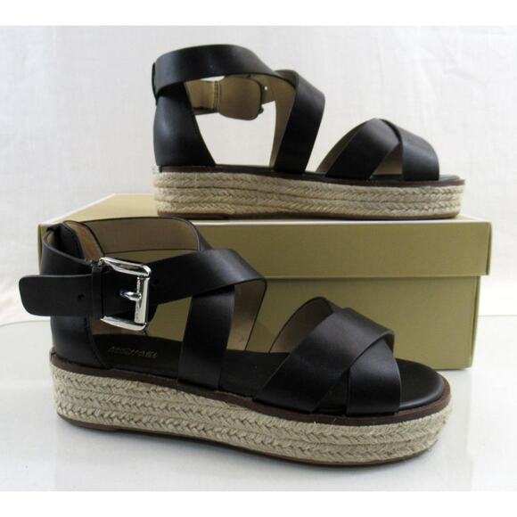 Michael Kors Darby Crisscross Platform Espadrille Sandals Black Leather Size 7 - Picture 3 of 8